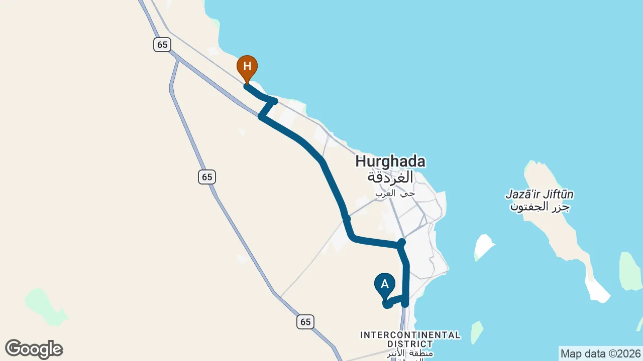 Driving route from Hurghada Airport to Rewaya Inn Resort
